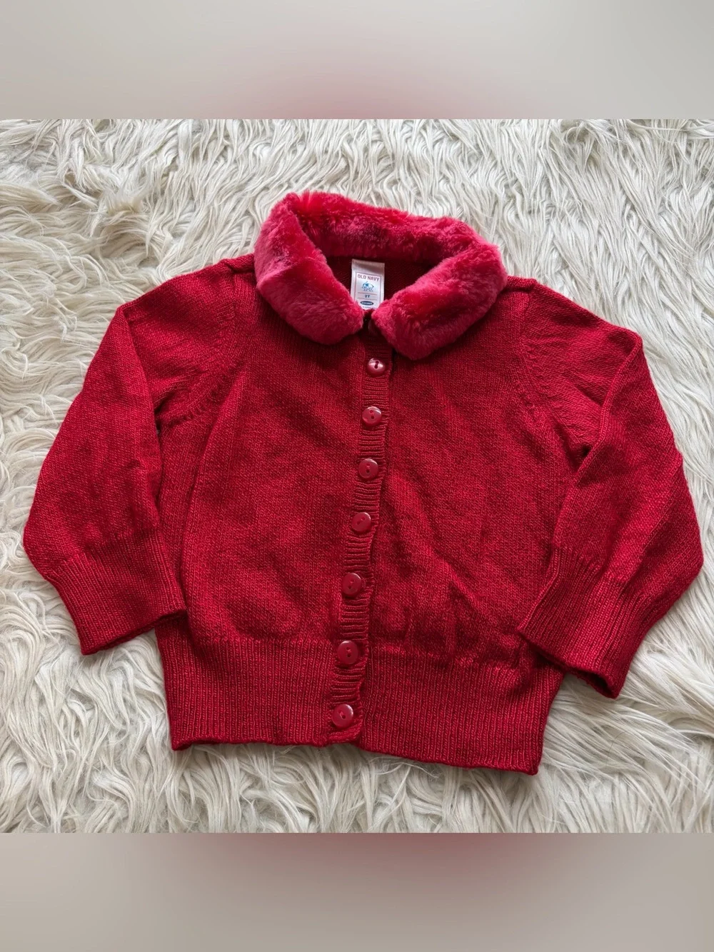 Vintage Y2K Old Navy Holiday Red Faux Fur Collar Cardigan Sweater 2005 Girls 2T